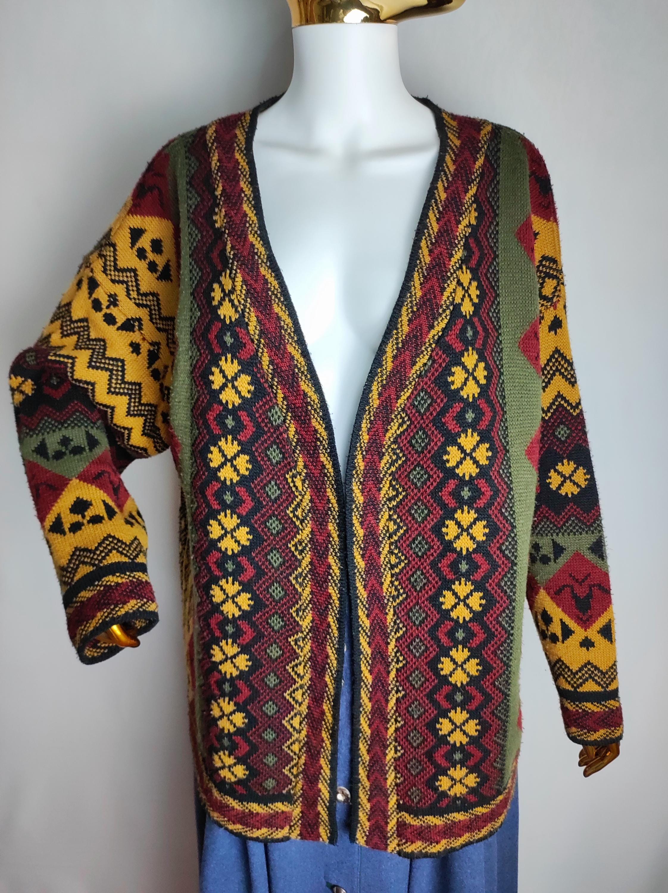 80s Nordic Open Front Cardigan, Geometric Pattern V-neck Cardigan