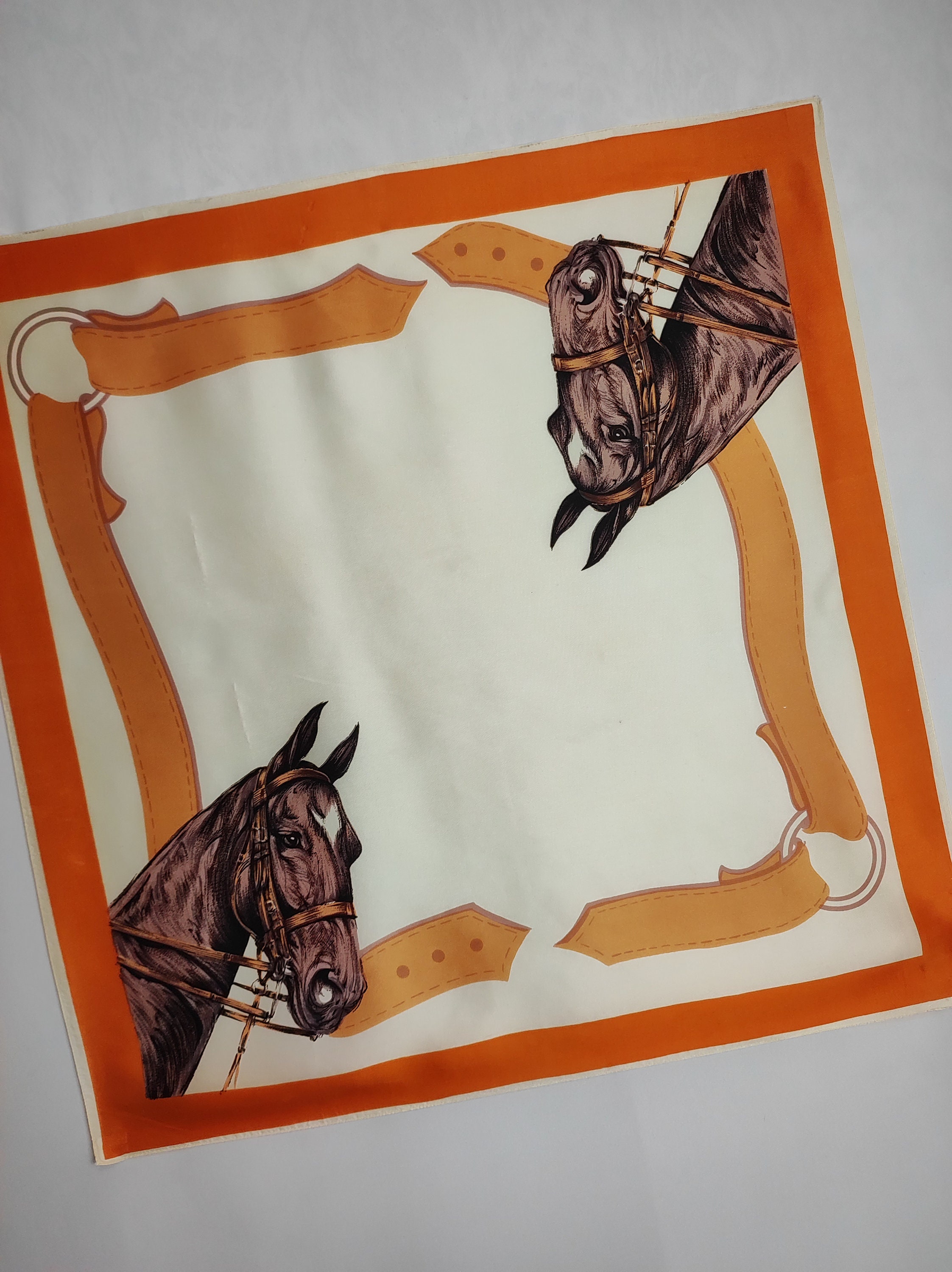 Equestrian Square Scarf, Horse Head Silky Scarf, 70s Acetate