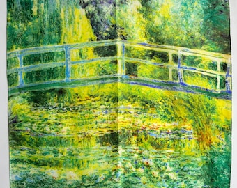 CLAUDE MONET Silk Square Scarf, White Water Lilies and Japanese Bridge Scarf, Famous Impressionist Painting Neck Scarf, Art Lover Gift