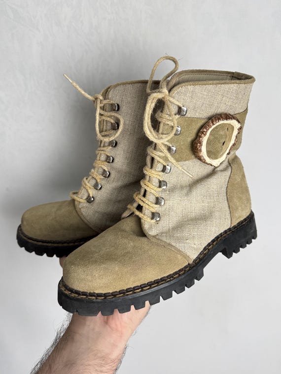Austrian Suede Linen Hiking Boots, Womens Leather Alpine Boots, 90s Mountain Trekking Rustic Boots, Trachten Outdoor Footwear, 37 EU, 6.5 US