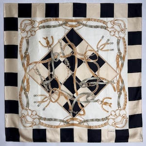 CODELLO Silk Square Scarf, Equestrian Print Head Scarf, Gold Chain Designer Scarf, Hand Rolled Signed Scarf, Parisian Chic Silk Accessory