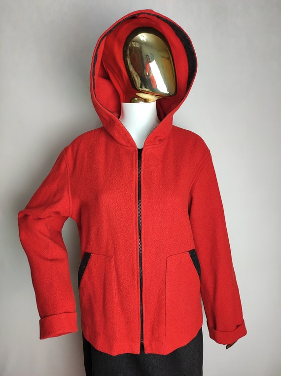 Austrian Wool Hooded Jacket, Red Full Zip Up Swea… - image 1