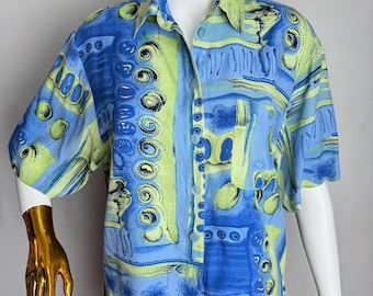 90s Abstract Print Shirt, Bright Blue Green Button Up, Patterned Viscose Summer Blouse, Short Sleeve Relaxed Shirt, Colorful Retro Funky Top