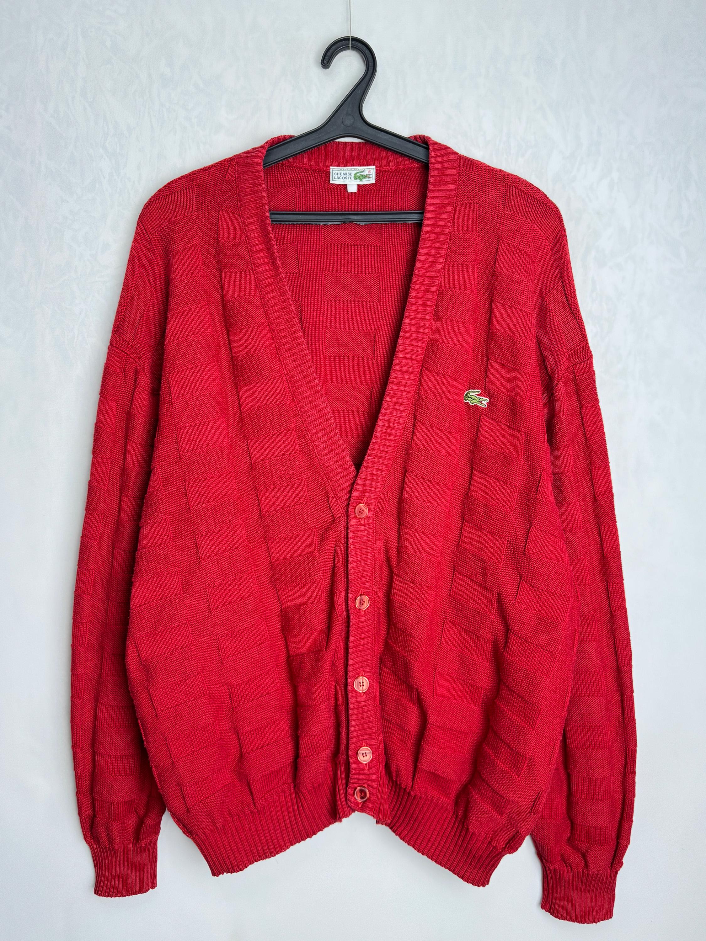 LACOSTE Cotton Knit Cardigan, 80s Mens Oversized Sweater, Crocodile Logo Pullover, Red V-Neck Cardigan, Grandpa Oldschool Sweater, 3XL