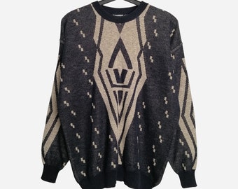 GIACCOMO LARUSSO Vintage Herren Pullover 80er 90er Oversized Geometrisch Gemusterter Pullover Opa Cosby Hipster Pullover