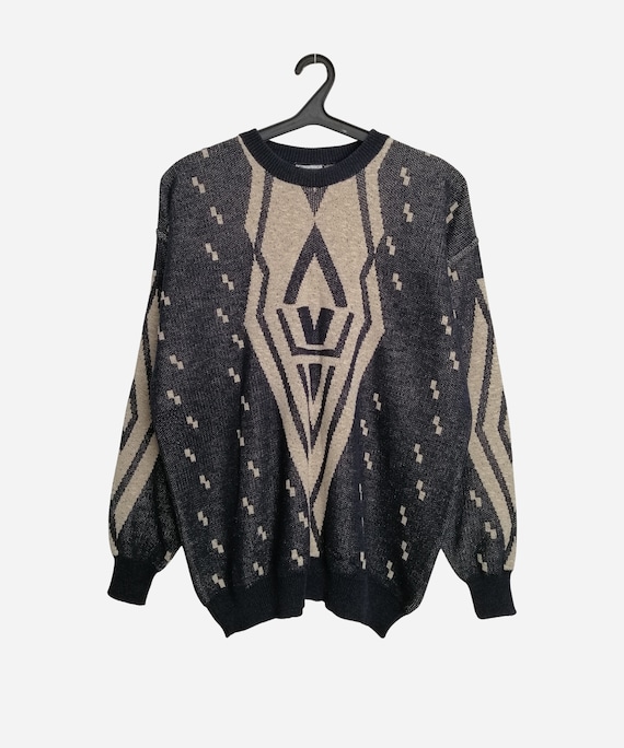 Pull Vintage Homme Années 80 - Motif Géométrique Diamant - Noir/gris - Taille XL