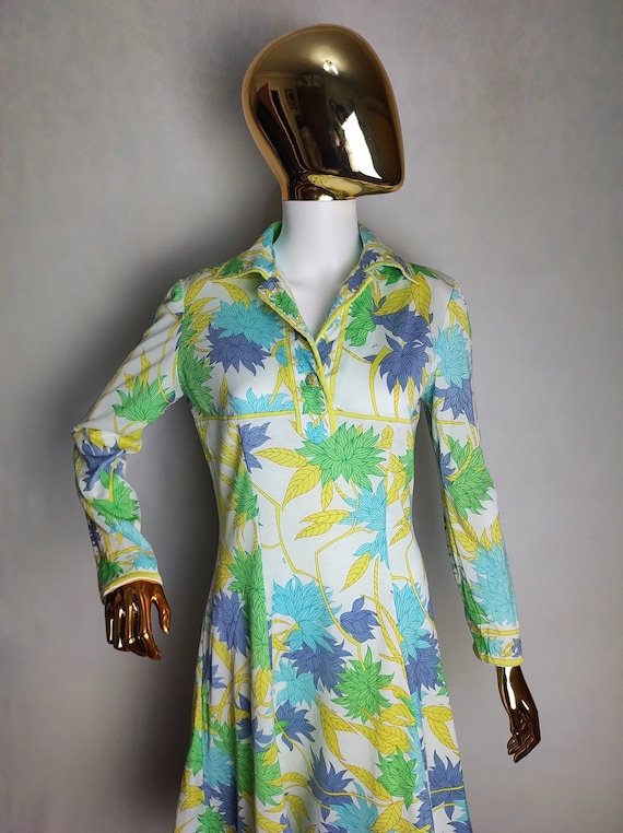 Emilio Pucci, 60s EMILIO PUCCI Dress, Designer Floral Print Dress, Psychedelic Cotton Retro Dress, Long Sleeve Collared Midi Dress, Made In Italy, Size L