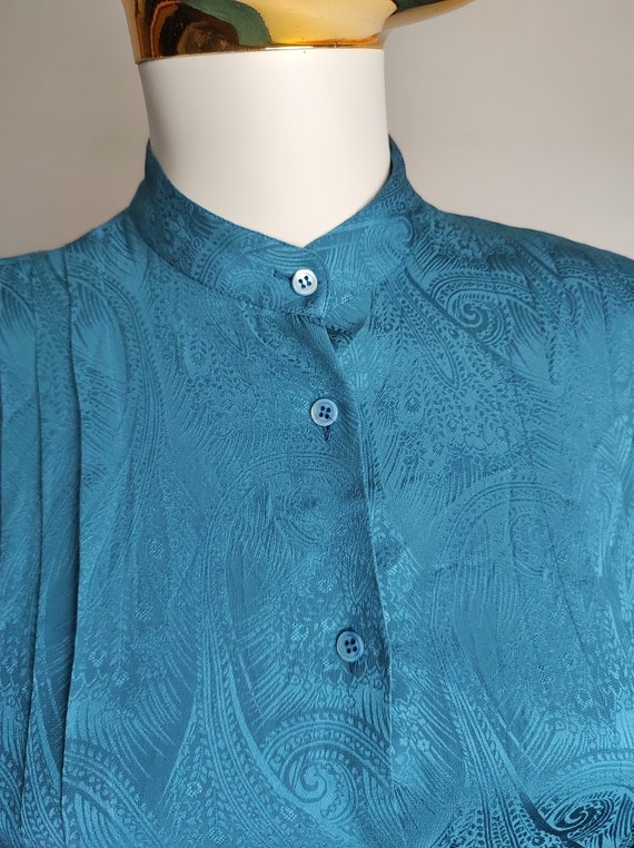 70s Turquoise Silk Blouse, Pleated Pure Silk Shir… - image 7