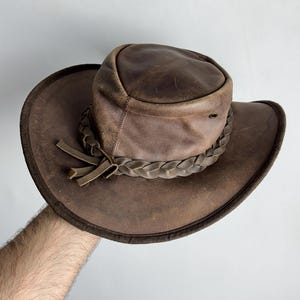 Vintage Leather Outback Hat, Western Cowboy Bush Hat, Braided Band Brown Fedora, Distressed Safari Travel Hat, Australia Outdoor Rancher Hat