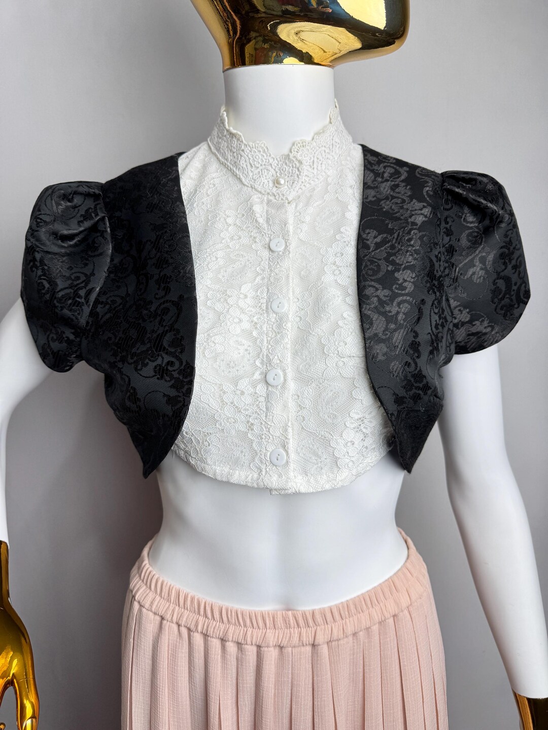 90s Black Bolero Jacket, Puff Sleeve Cropped Bolero Shrug, Elegant Open — free download