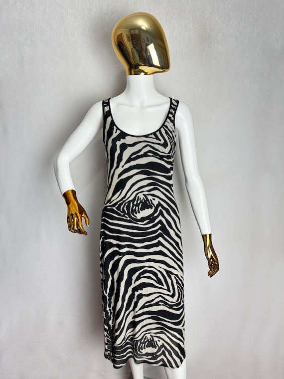 DOLCE & GABBANA Vintage Zebra Mesh Dress, 90s Italian Luxury Designer Bodycon Dress, Animal Print Nylon Midi Dress, Y2K Sheer Tank Dress, S
