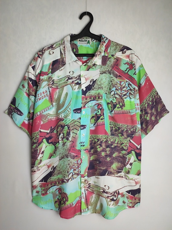 Mens Western Print Shirt, 80s Short Sleeve Viscose