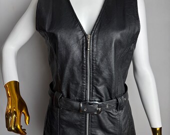 90s Black Leather Vest, Moto Style Zip Up Vest, Belted Waist Sleeveless Vest, V-Neck Biker Festival Vest, Womens Rocker Streetwear Outfit, S