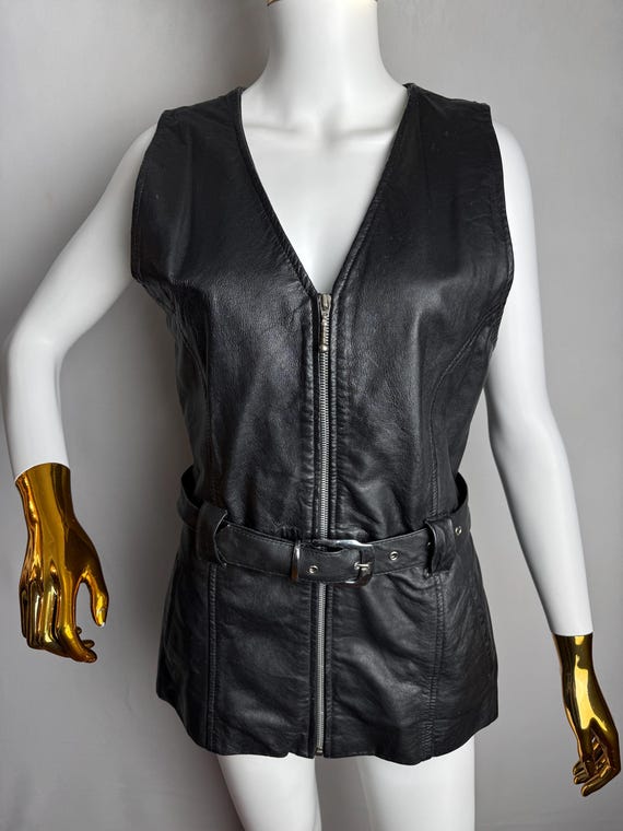 90s Black Leather Vest, Moto Style Zip up Vest, Belted Waist