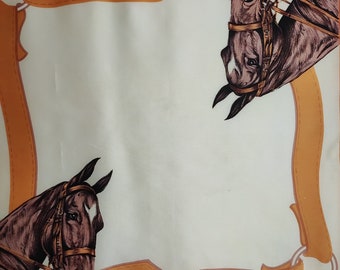 Equestrian Square Scarf, Horse Head Silky Scarf, 70s Acetate