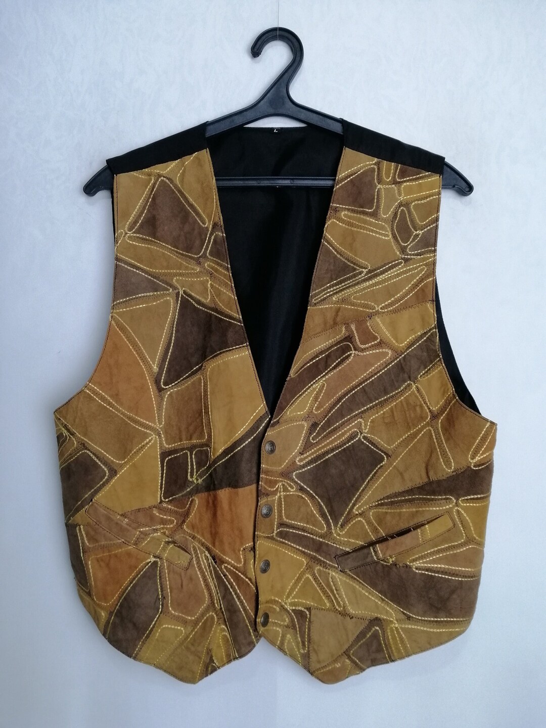 トップス vintage leather patchwork Tyrolean vest 1970s Vintage Leather Patchwork Vest Brown Sz XXL - OOAK