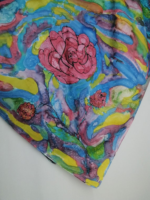 VINTAGE Hand Painted Silk Scarf Abstract Handmade… - image 7