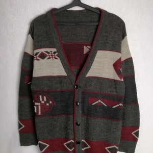 Vintage Men Cardigan, 80s Wool Blend Cardigan, Grandpa Oldschool Sweater, Geometric Patterned Cardigan, Cosby Hipster Unisex Sweater, Size M