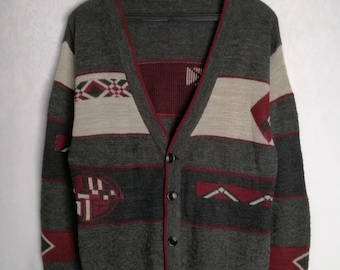 Cárdigan vintage para hombre, cárdigan de mezcla de lana de los años 80, suéter de la vieja escuela del abuelo, cárdigan con estampado geométrico, suéter unisex Cosby Hipster, talla M