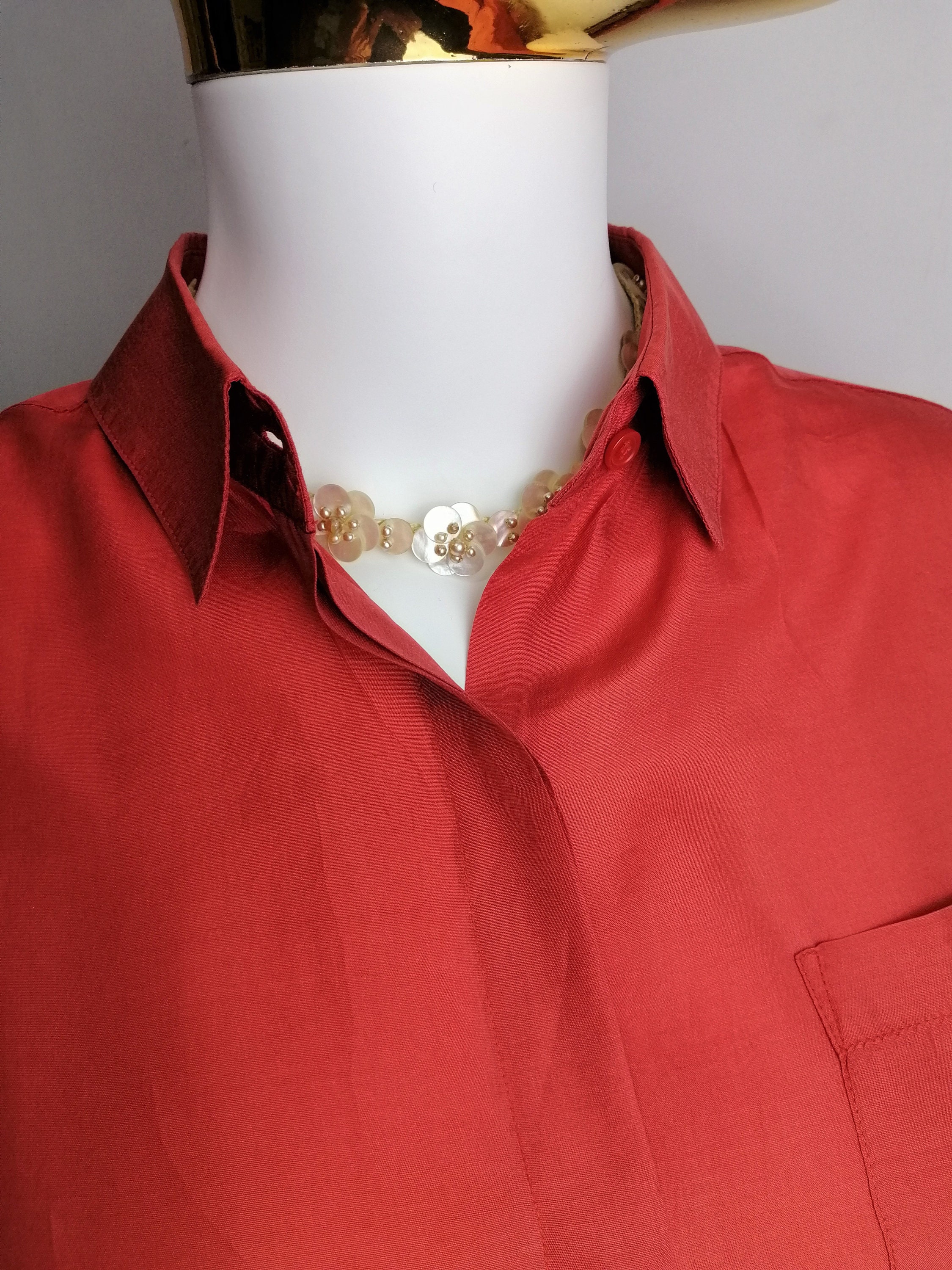 80s Red Silk Blouse, Oversized Silk Shirt, Short Sleeve
