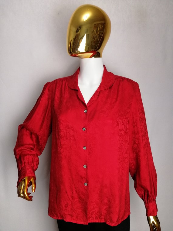 70s Red Silk Blouse, Puff Sleeve Retro Blouse, Co… - image 9