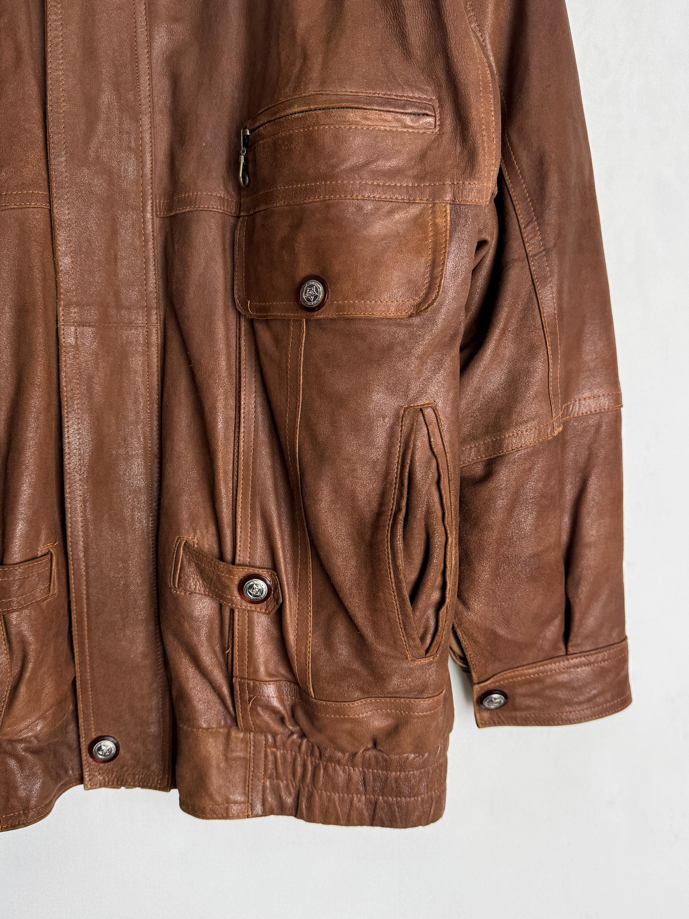 Vintage Italian Leather Jacket, 80s Men Brown Fall Coat, Rugged