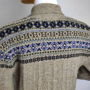 May include: A tan-colored sweater with a patterned design across the shoulders and upper back. The pattern includes blue, green, and white geometric shapes. The sweater has a ribbed texture on the back.