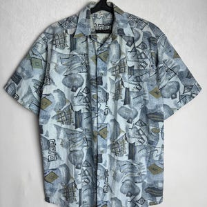 Mens Abstract Print Shirt, 80s Short Sleeve Cotton Shirt, Unique Pattern Button Up, Psychedelic Festival Shirt, Oversized Summer Shirt, XL