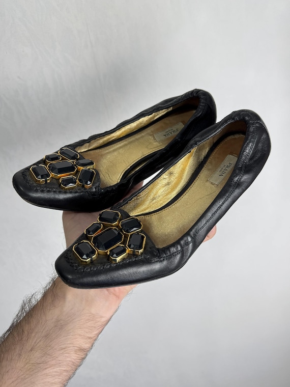 PRADA Vintage Leather Flats, Black Jewel Embellished Flats, 90s Luxury Designer Ballet Shoes, Womens Genuine Leather Slip Ons, Made In Italy