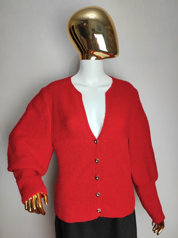 Austrian Wool Knit Cardigan, Red Dirndl Cardigan, Traditional