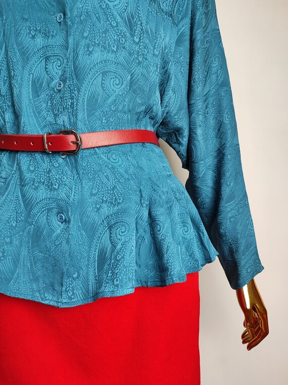 70s Turquoise Silk Blouse, Pleated Pure Silk Shir… - image 9