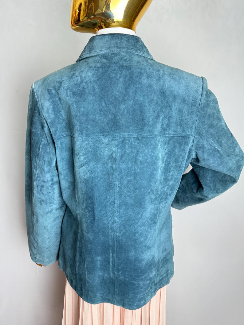 90-tals dammockajacka, skifferblå äkta läderkavaj, minimalistisk westernkappa, klassisk retro höstjacka, tidlösa mockaytterkläder, M L bild 3