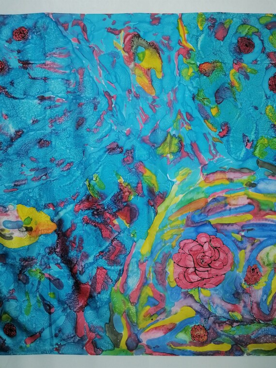 VINTAGE Hand Painted Silk Scarf Abstract Handmade… - image 3