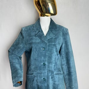 90-tals dammockajacka, skifferblå äkta läderkavaj, minimalistisk westernkappa, klassisk retro höstjacka, tidlösa mockaytterkläder, M L bild 5