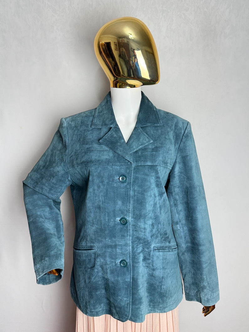 90-tals dammockajacka, skifferblå äkta läderkavaj, minimalistisk westernkappa, klassisk retro höstjacka, tidlösa mockaytterkläder, M L bild 5