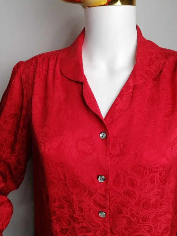 70s Red Silk Blouse, Puff Sleeve Retro Blouse, Co… - image 10