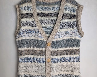 Gilet in lana lavorato a mano anni '80, gilet unisex vintage, cardigan senza maniche del nonno, gilet con motivi geometrici da uomo, maglione Cosby della vecchia scuola, taglia L