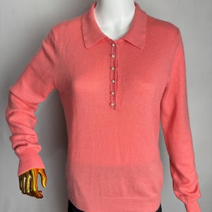 Merino Wool Cashmere Soft Knit Sweater, Polo Collar Pullover Jumper, Womens Classic Luxury Knitwear, Minimalist Peach Long Sleeve Sweater, S