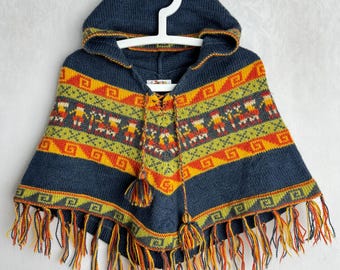 Poncho infantil de lana de alpaca, suéter peruano colorido con capucha, poncho tradicional de llama con flecos, prendas de punto bohemias étnicas, suéter inca de punto suave