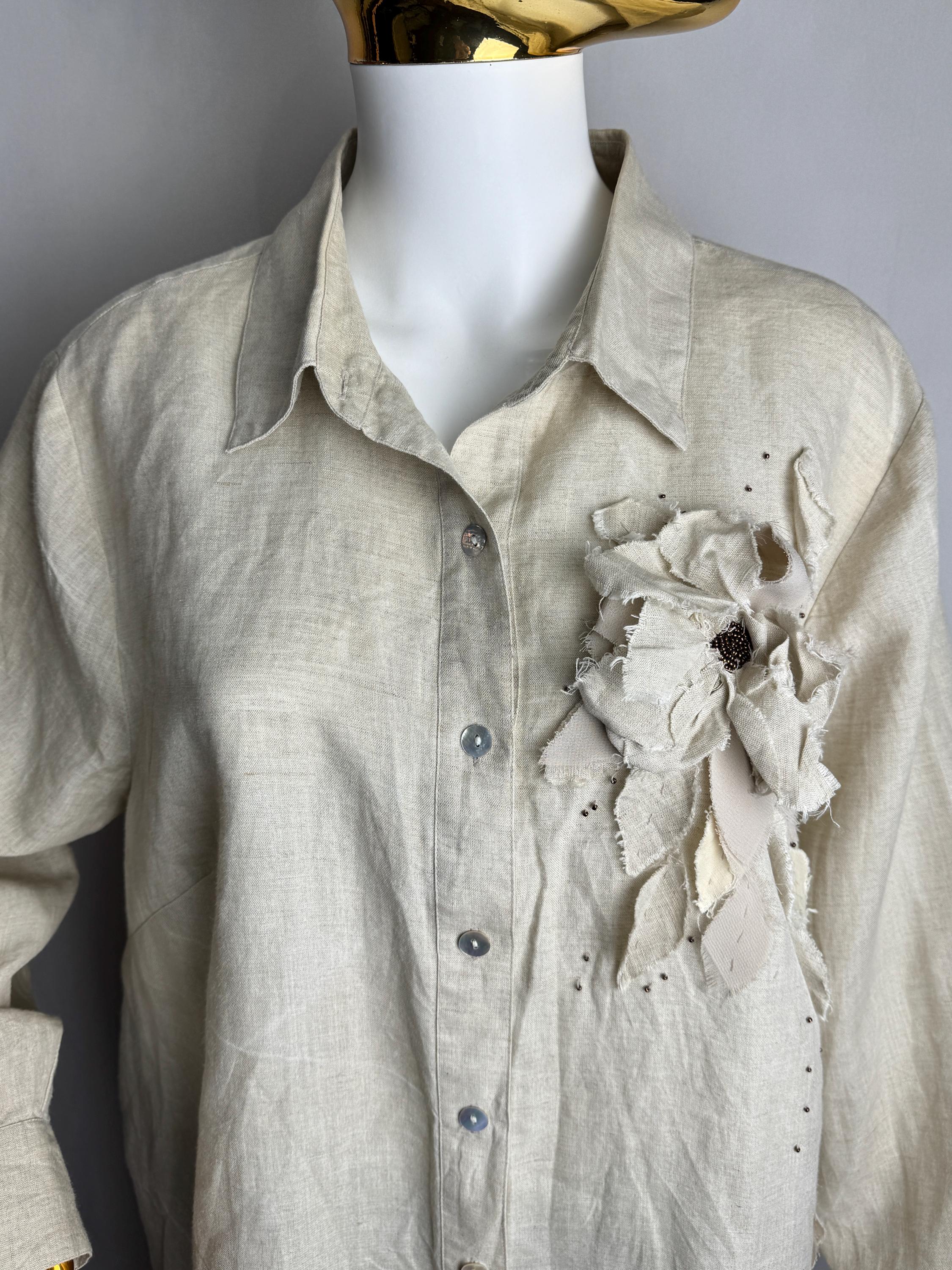 Vintage Irish Linen Shirt, Handmade Floral Applique Top, Natural