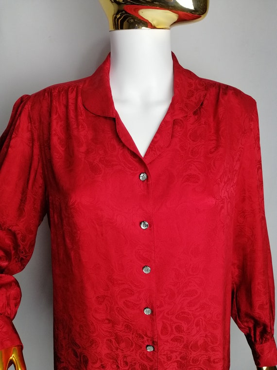 70s Red Silk Blouse, Puff Sleeve Retro Blouse, Co… - image 2