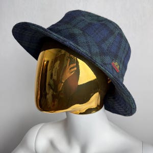 90s MAYSER Tweed Bucket Hat, Green Navy Blue Tartan Hat, Classic Unisex Plaid Hat, Casual Wool Fall Winter Hat, Retro Outdoor Bucket Hat
