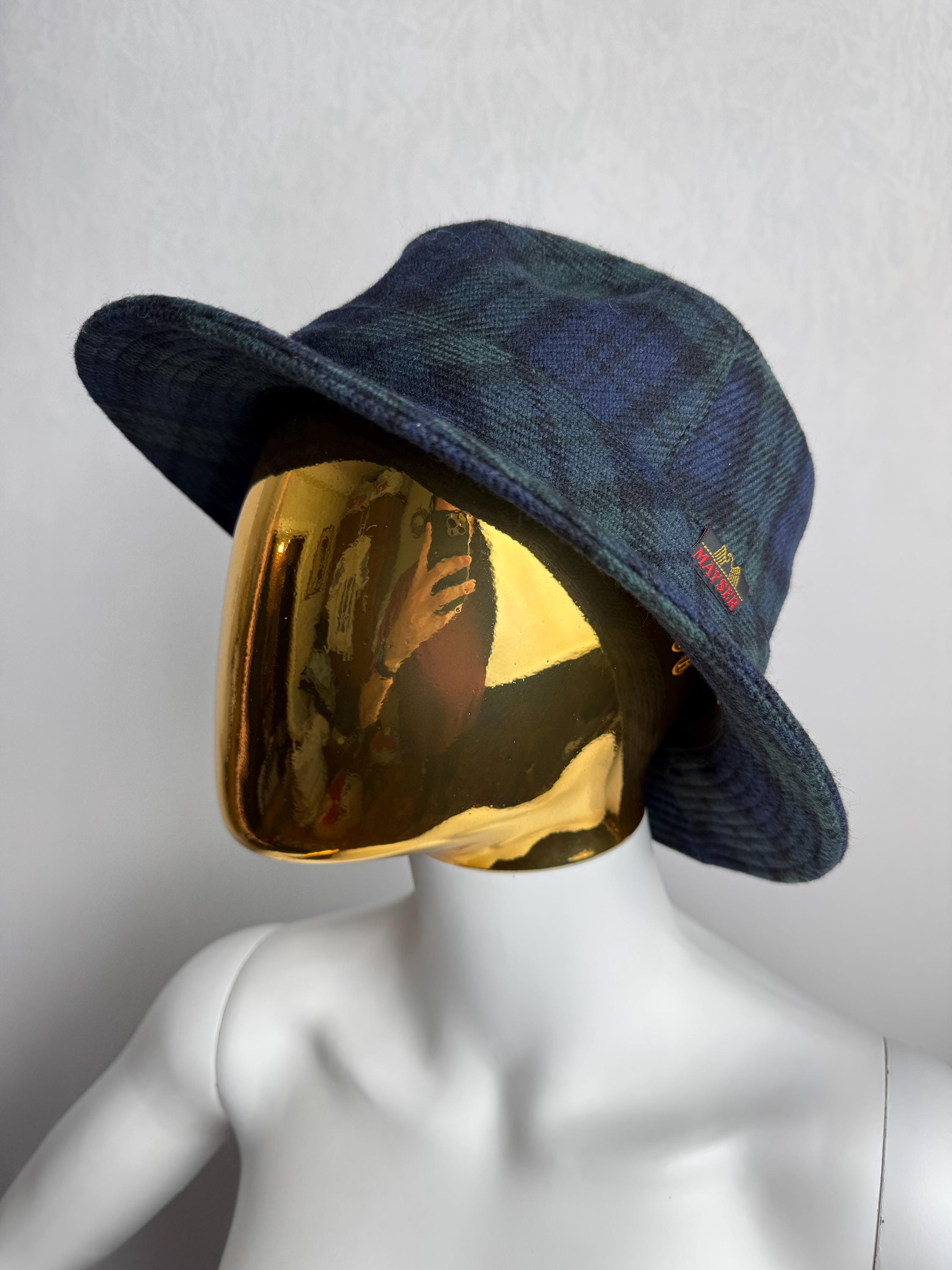 Kapelusz typu Bucket Hat z lat 90. MAYSER Tweed, zielony granatowy kapelusz w kratę, klasyczny unisexowy kapelusz w kratę, swobodny wełniany kapelusz jesienno-zimowy, retro kapelusz typu bucket