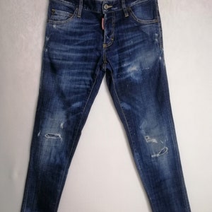 DSQUARED2 Mens Denim Jeans, Y2K Unisex Slim Jean, Vintage Designer Blue Denim Pants, Distressed Faded Ripped Skinny Jeans, Made In Italy, XS