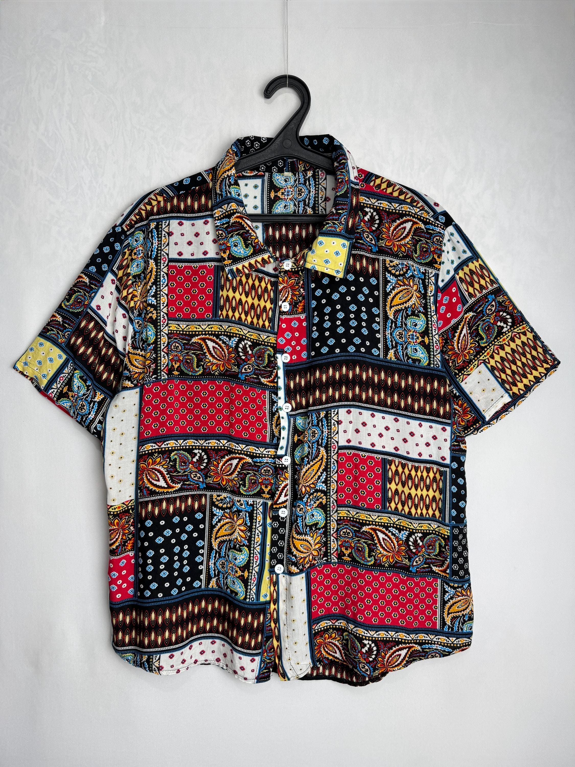 Batik Funky Men Batik Print Boho Shirt, Multicolor Patchwork Funky Shirt, Floral ...