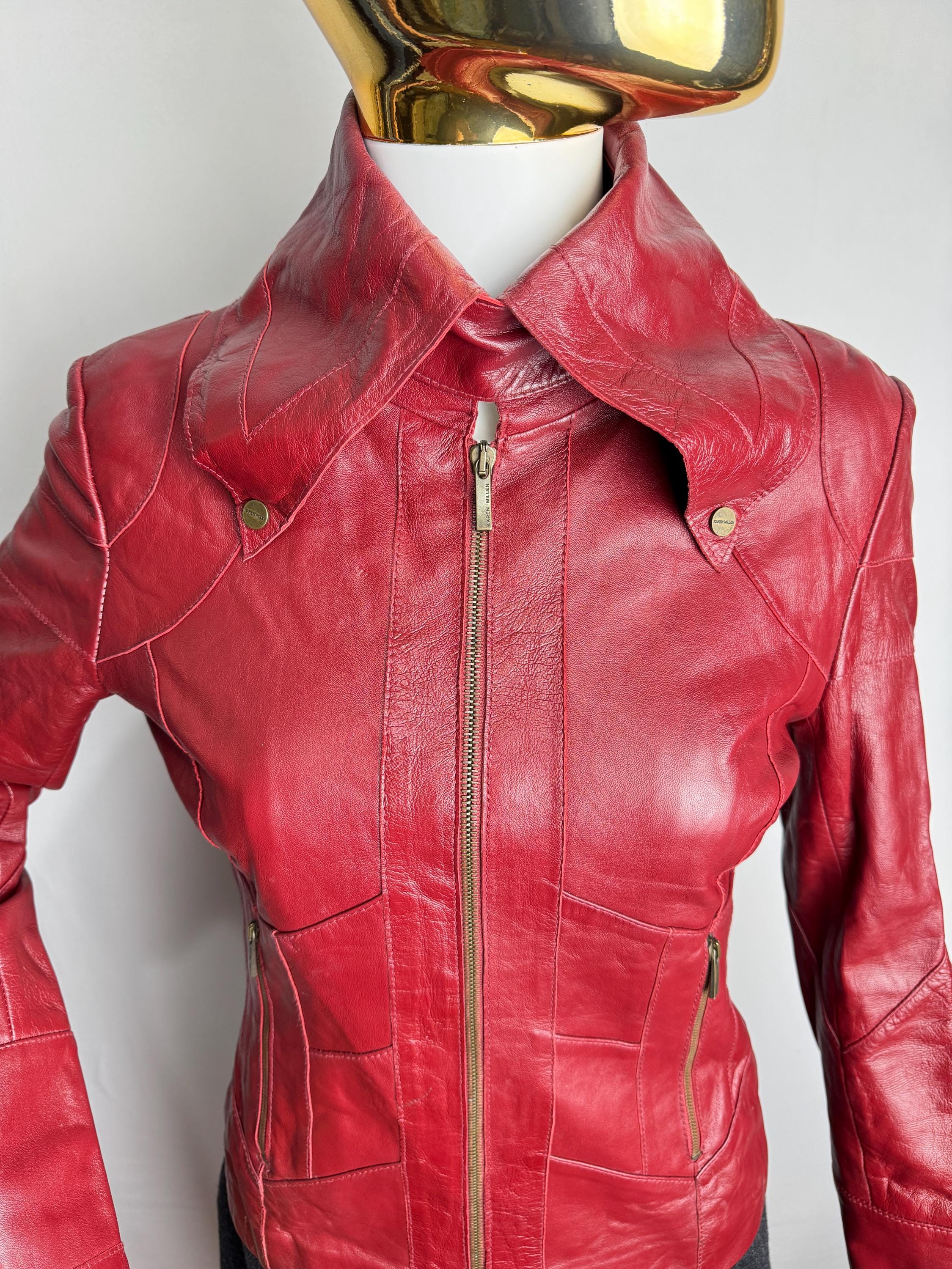KAREN MILLEN Leather Jacket, Dramatic Collar Zip up Jacket