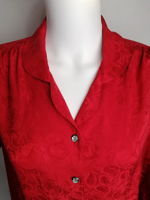 70s Red Silk Blouse, Puff Sleeve Retro Blouse, Co… - image 5