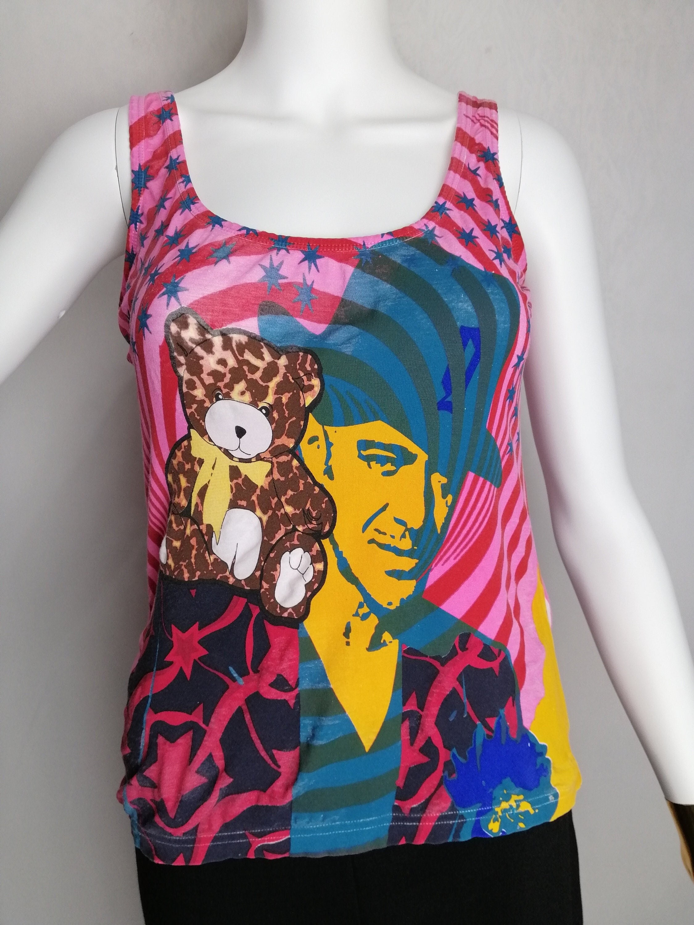 トップス Vintage John Galliano Logo Tank Top Y2K JOHN GALLIANO Vintage Tank Top, 2000s Teddy Bear Print Tee