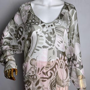 BOGNER Silk Blouse, Botanical Print Chiffon Top, Olive Green V-Neck Blouse, Asymmetrical Boho Chic Blouse, Nature Inspired Summer Silk Top