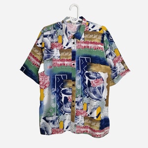 VINTAGE Womens Oversized Printed Blouse 90s Abstract Print Psychedelic Viscose Short Sleeve Shirt
